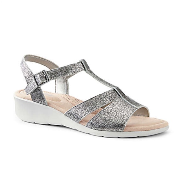 Lands End Metallic Leather Comfort Wedge Sandals - Picture 2 of 11